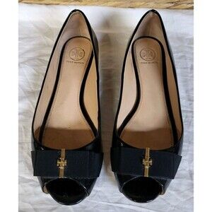 TORY BURCH Shoes Womens 8.5 Black Patent Leather Peep Toe Flats S/N 43093